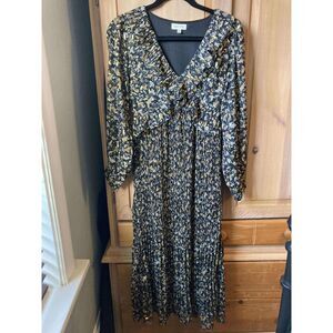 Mila Mae | Nordstrom Gold Shimmer Crinkle Pleated Maxi Dress Long Sleeve | XS